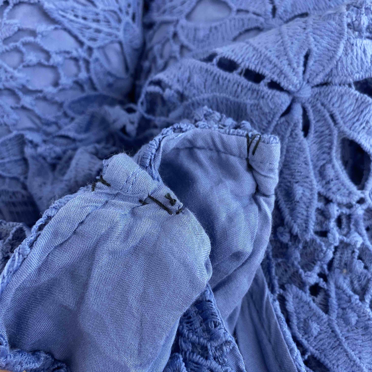 レディース 半袖ワンピース ミニ丈 レース ブルー コットン