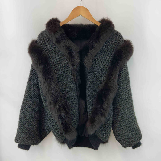 レディース ニットジャケット ファー付き 中綿入り ウール混 グレー