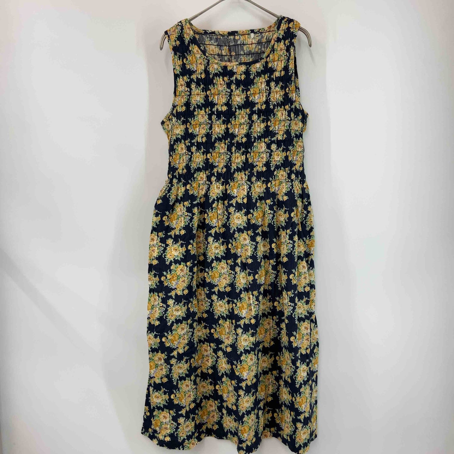 レディース ノースリーブワンピース　ロングワンピ　花柄　ギャザー　ネイビー