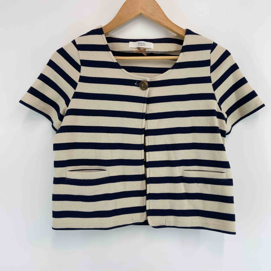 BEAMS Lights ビームスライツ　紺×ベージュ　ボーダー　半袖　一つボタン　ジャケット風　カーディガン　羽織