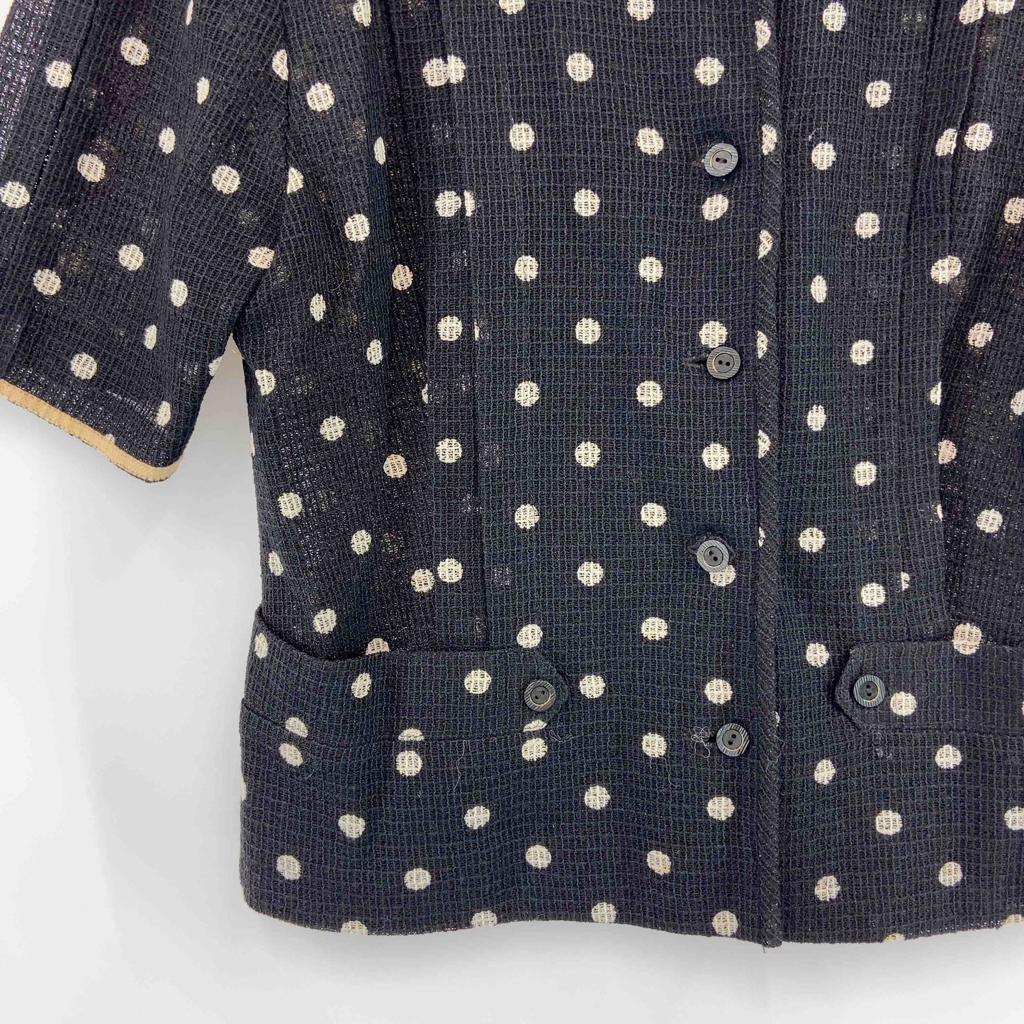 レディース ノーカラージャケット　半袖ブラウス　ポケット　水玉　黒