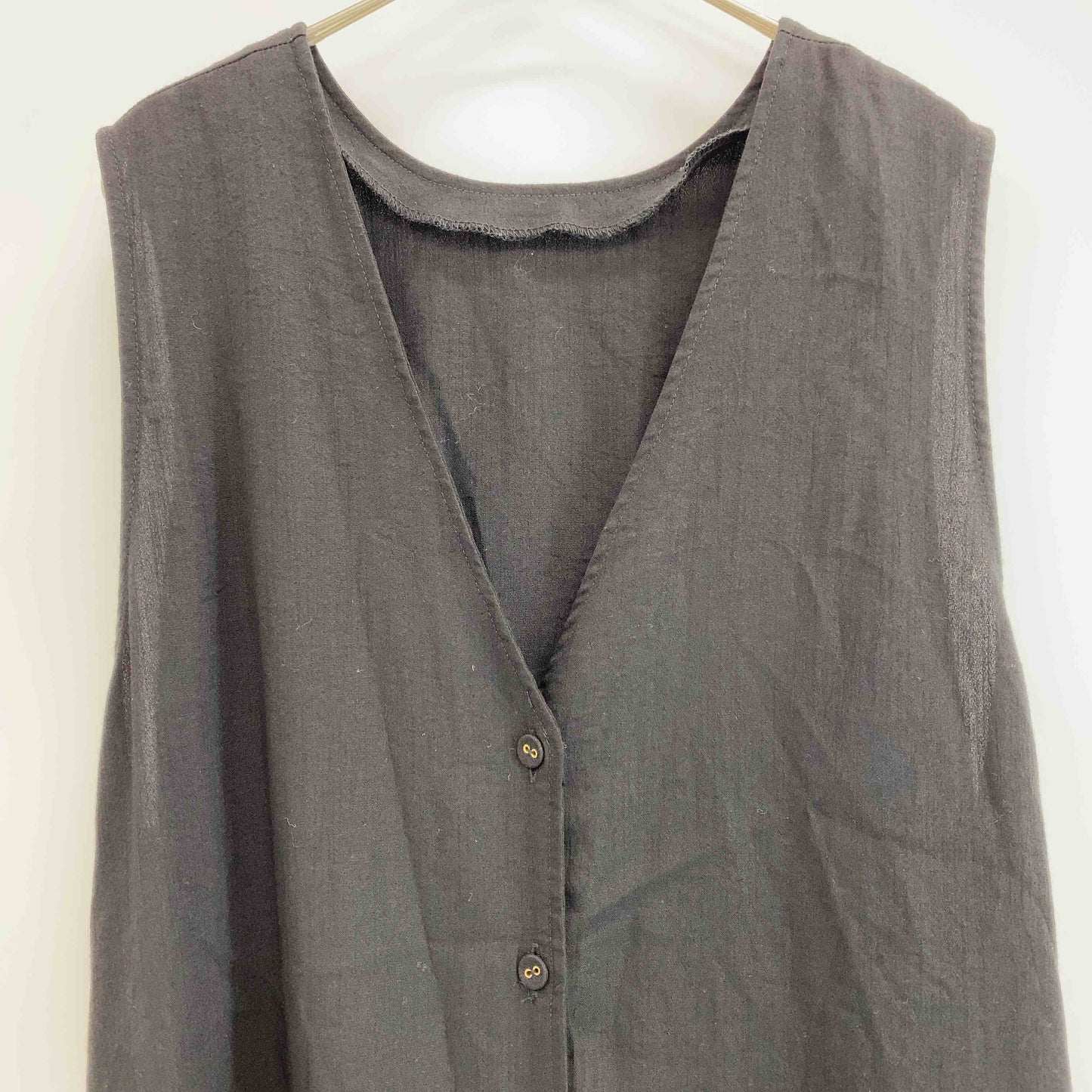 レディース ノースリーブワンピース ブラック 前開きワンピース ウエストリボン 麻調