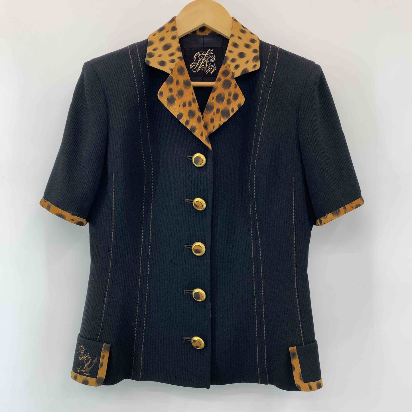 伊太利屋 イタリヤ レディース テーラードジャケット レオパード柄 ブラック 半袖