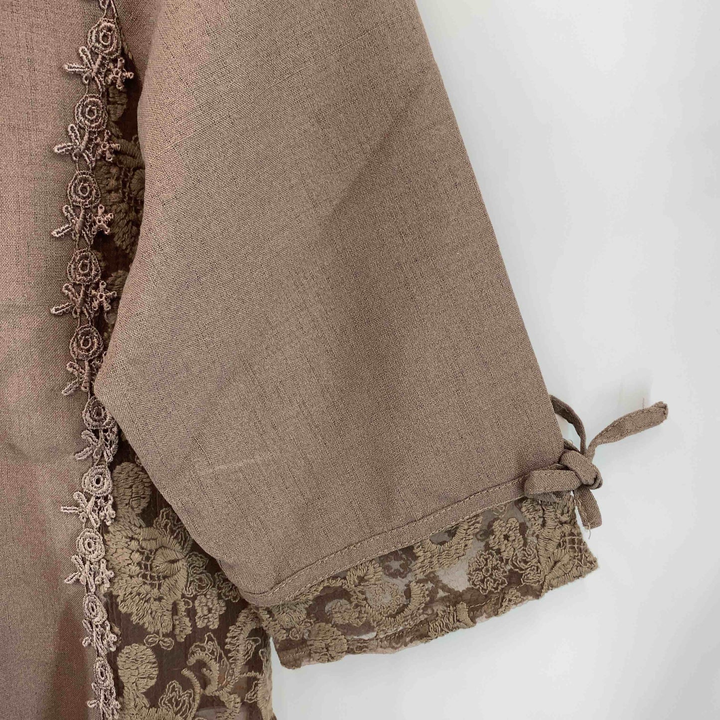 Sun Wind ブラウン レース 刺繍 チュニック型 レディース 半袖シャツ ブラウス