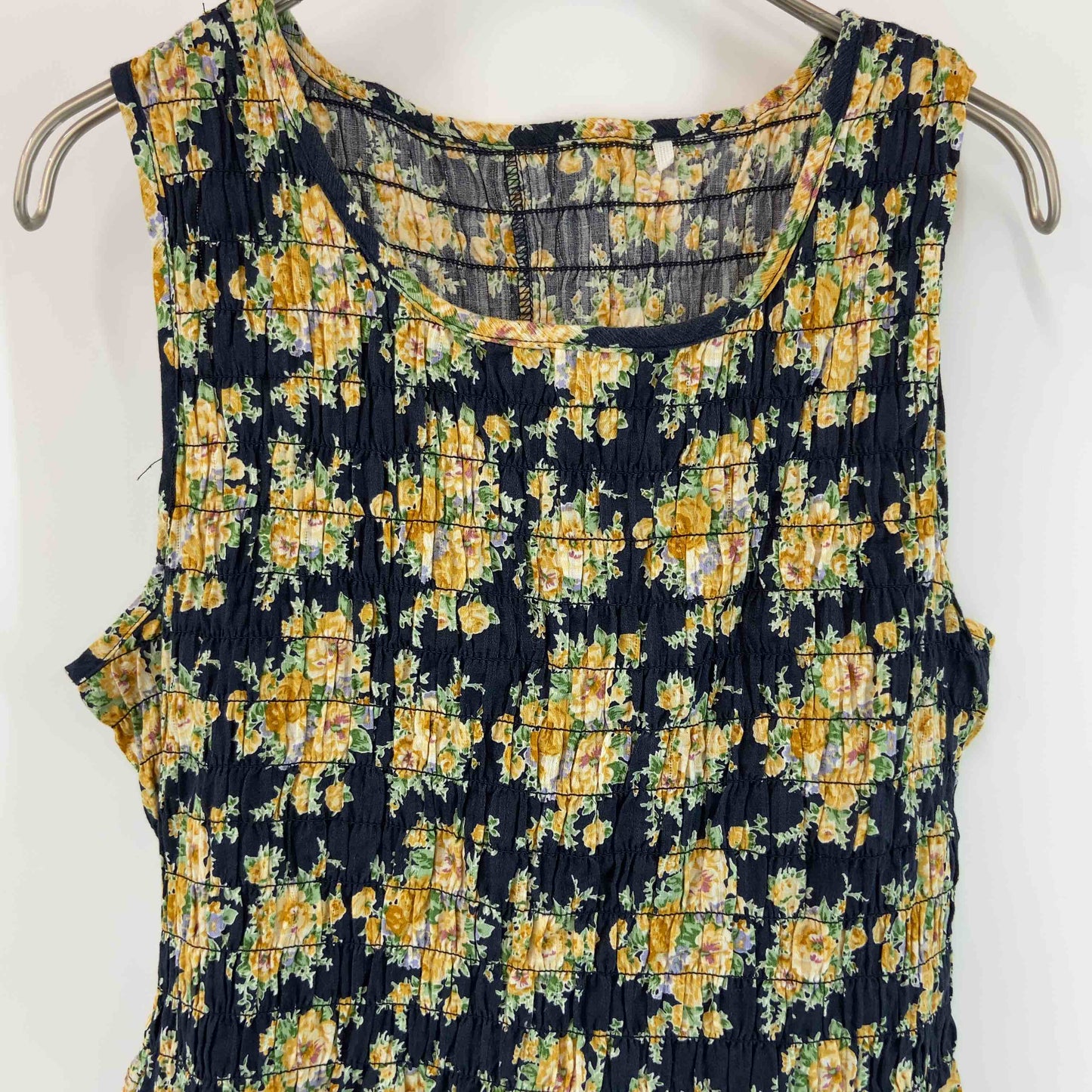 レディース ノースリーブワンピース　ロングワンピ　花柄　ギャザー　ネイビー