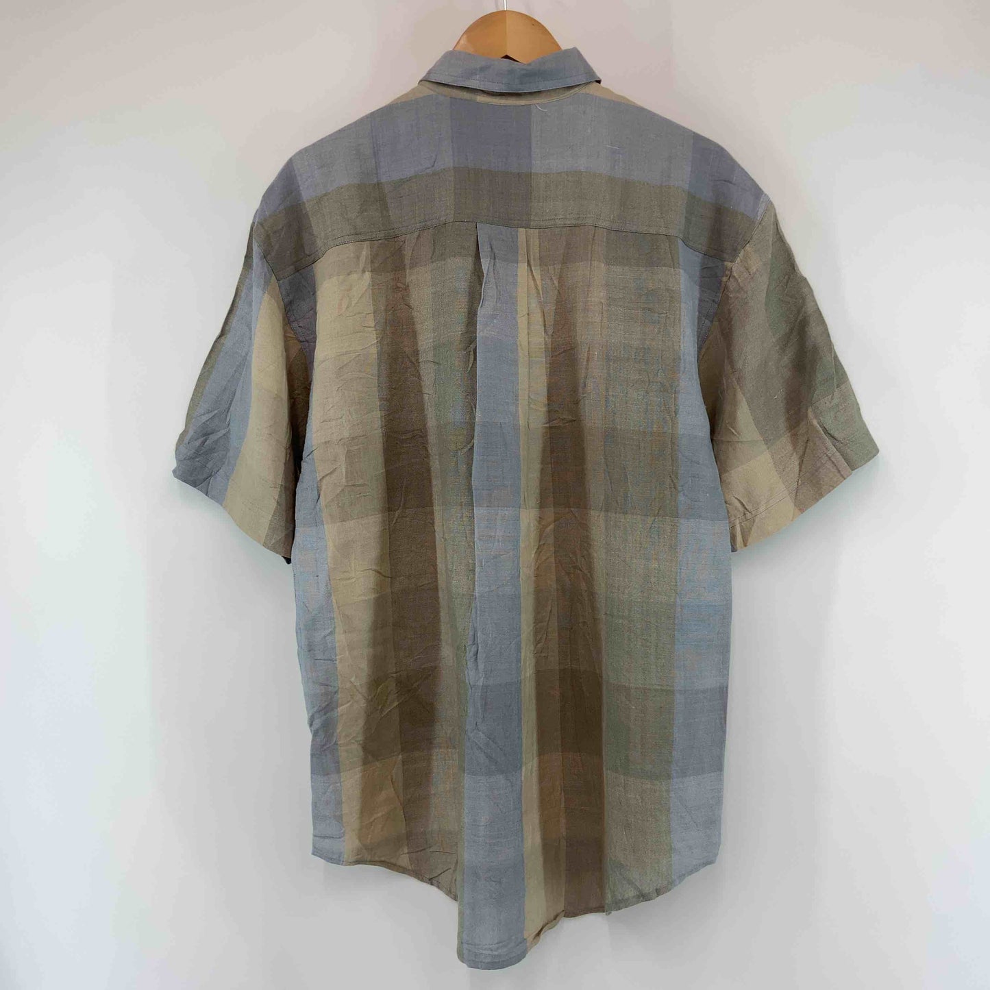 GOOUCH グーチ メンズ 半袖シャツ　シルク・リネン混　チェック　ボタンダウン　ブルー