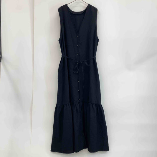 レディース ノースリーブワンピース ブラック 前開きワンピース ウエストリボン 麻調