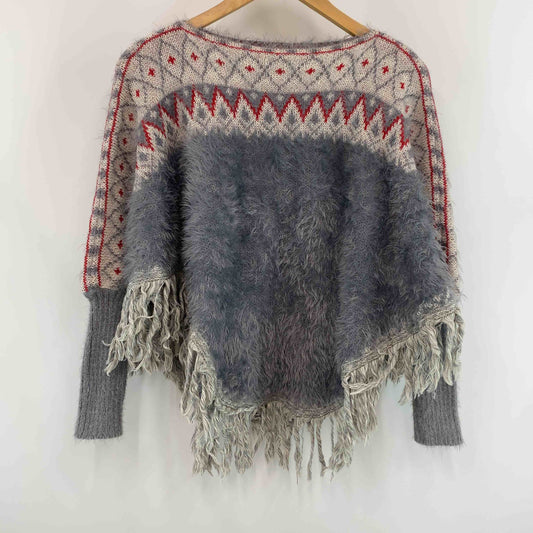 レディース ポンチョ ブルーグレー ニット フリンジ