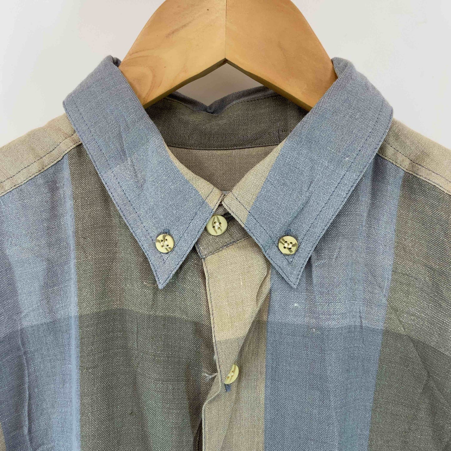 GOOUCH グーチ メンズ 半袖シャツ　シルク・リネン混　チェック　ボタンダウン　ブルー
