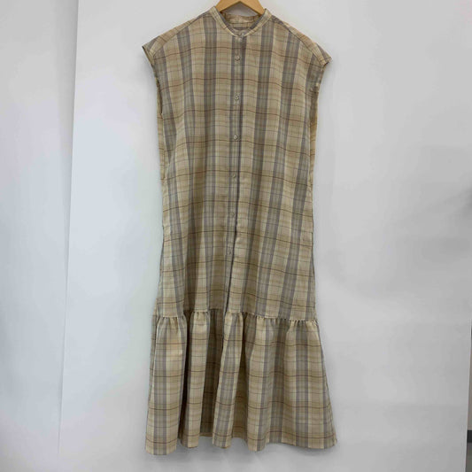 GU ジーユー レディース 　フレンチスリーブ　スタンドカラー　チェック　薄ベージュ　ロングワンピース　サイズM