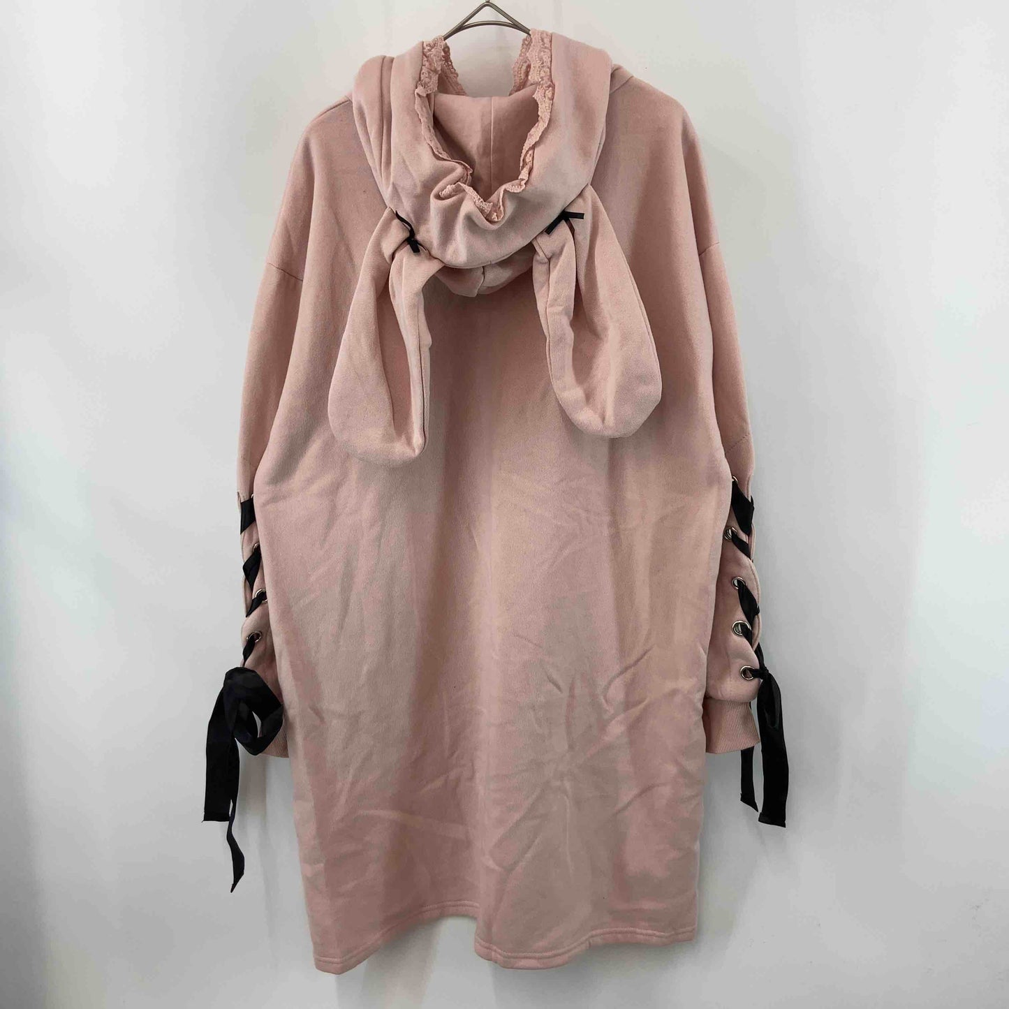 CHIP CLIP  レディース 長袖ワンピース テディベア・ラビットプリント うさ耳付きフード レース リボン パーカー ピンク 裏起毛