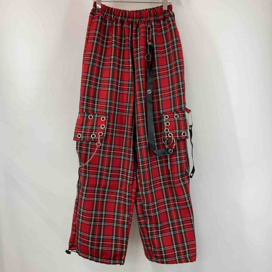 レディース カジュアルパンツ　カーゴパンツ　タータンチェック　装飾　チェーン　赤
