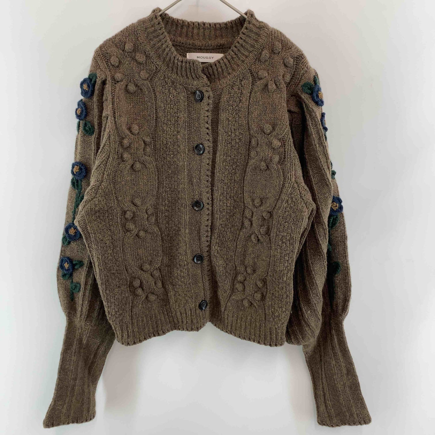 MOUSSY マウジー レディース カーディガン　ウール混　ケーブル編み　かぎ編み　花　ブラウン