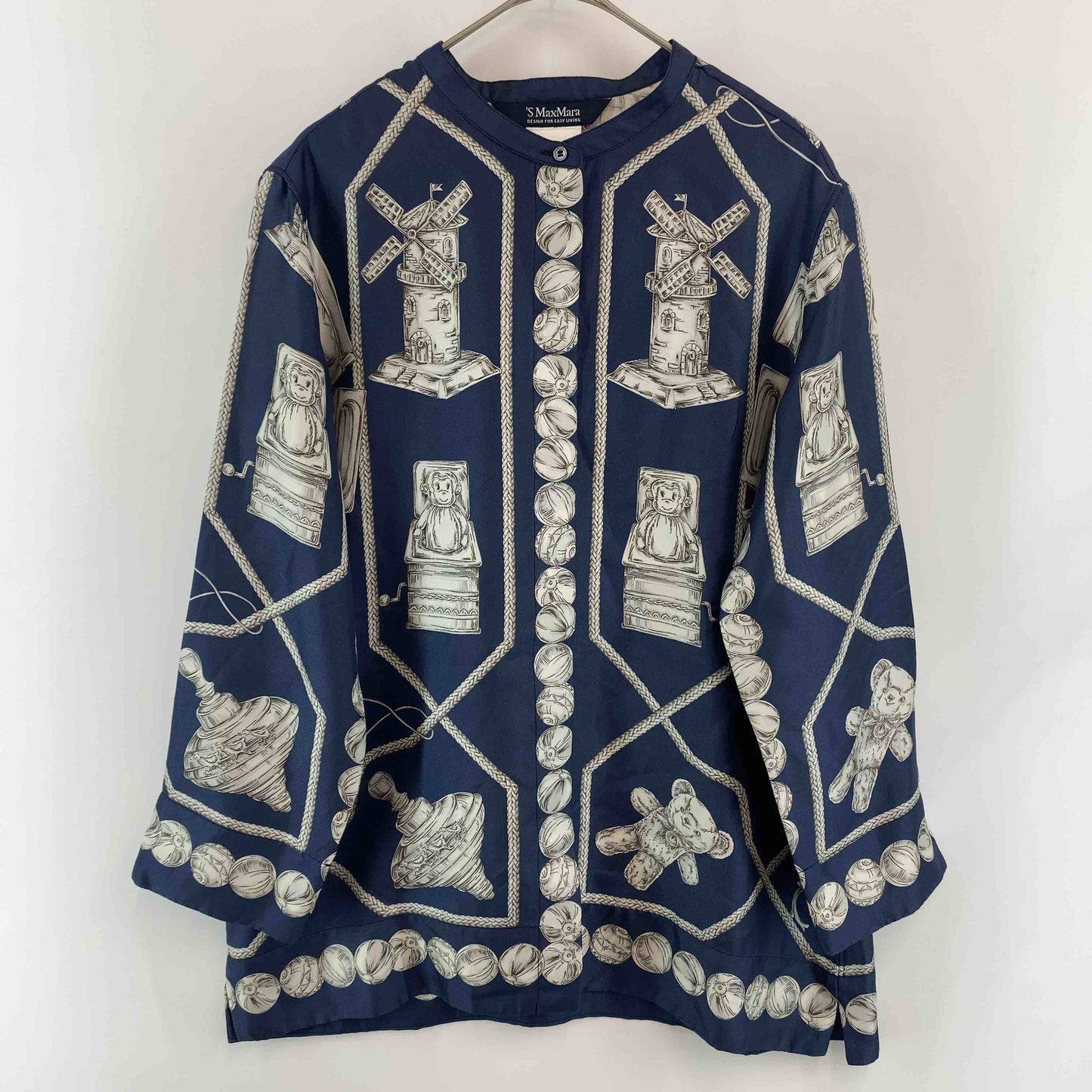 S MAX MARA エスマックスマーラ スカーフ柄　ネイビー　青　スタンドカラー　レディース 半袖シャツ/ブラウス