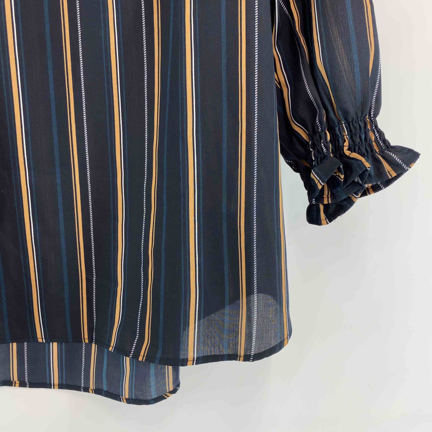 レディース 長袖シャツ/ブラウス ストライプ柄 紺 スタンドカラー