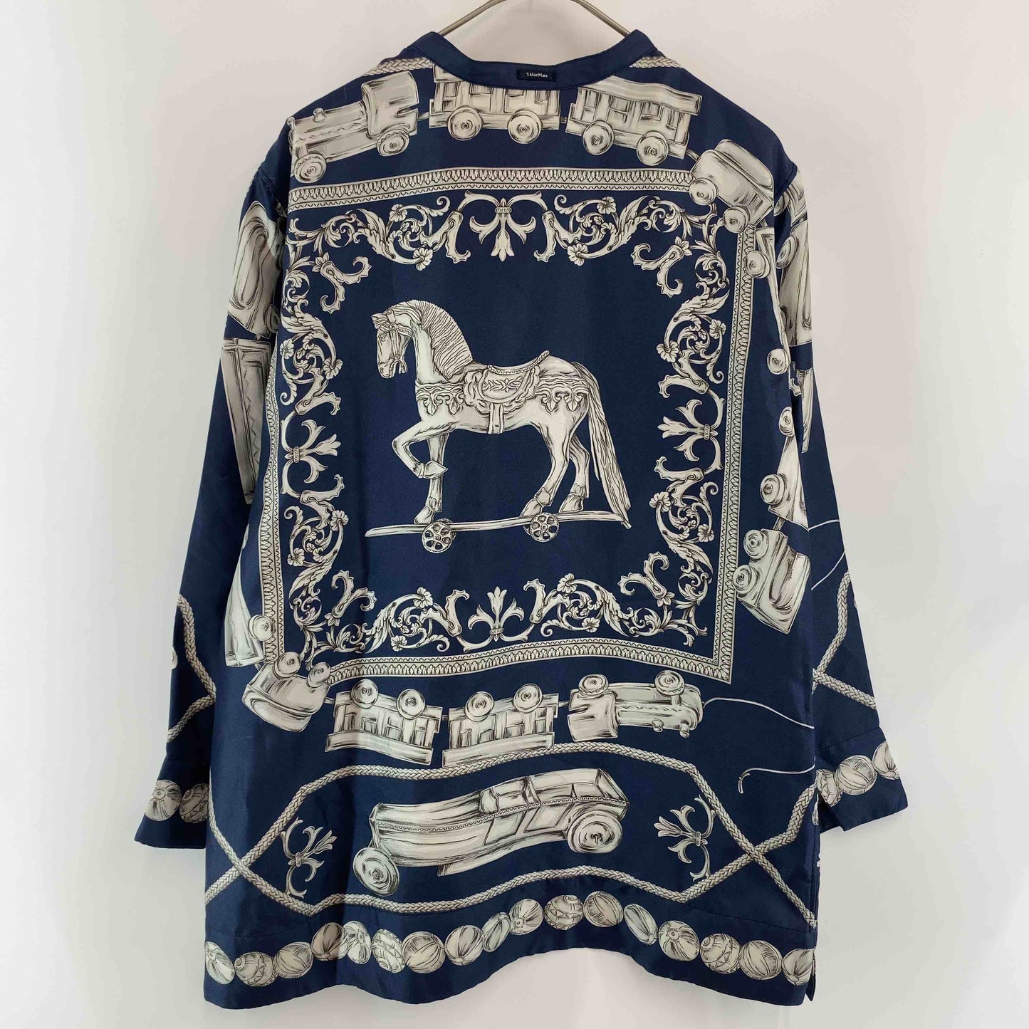 S MAX MARA エスマックスマーラ スカーフ柄　ネイビー　青　スタンドカラー　レディース 半袖シャツ/ブラウス