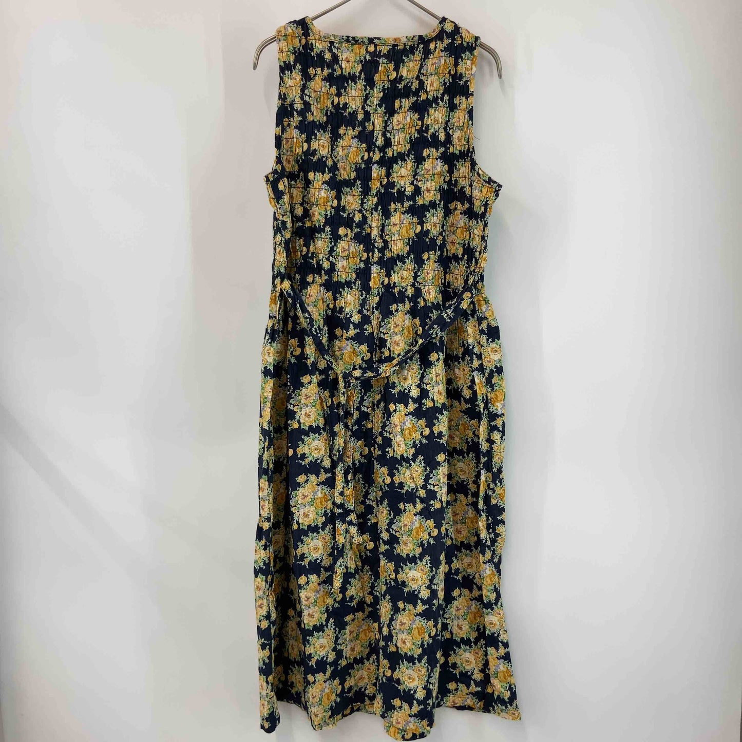 レディース ノースリーブワンピース　ロングワンピ　花柄　ギャザー　ネイビー
