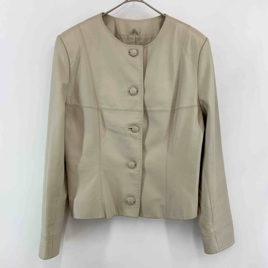 レディース レザージャケット　ノーカラー　羊革　クルミボタン　ベージュ