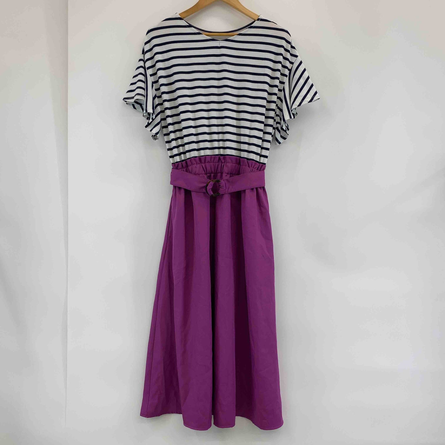 natural couture ナチュラルクチュール レディース ベルト付き ボーダー柄 ドッキングワンピ パープル フレアスカート 半袖ワンピース