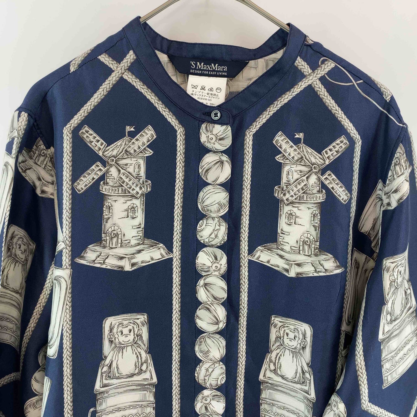 S MAX MARA エスマックスマーラ スカーフ柄　ネイビー　青　スタンドカラー　レディース 半袖シャツ/ブラウス