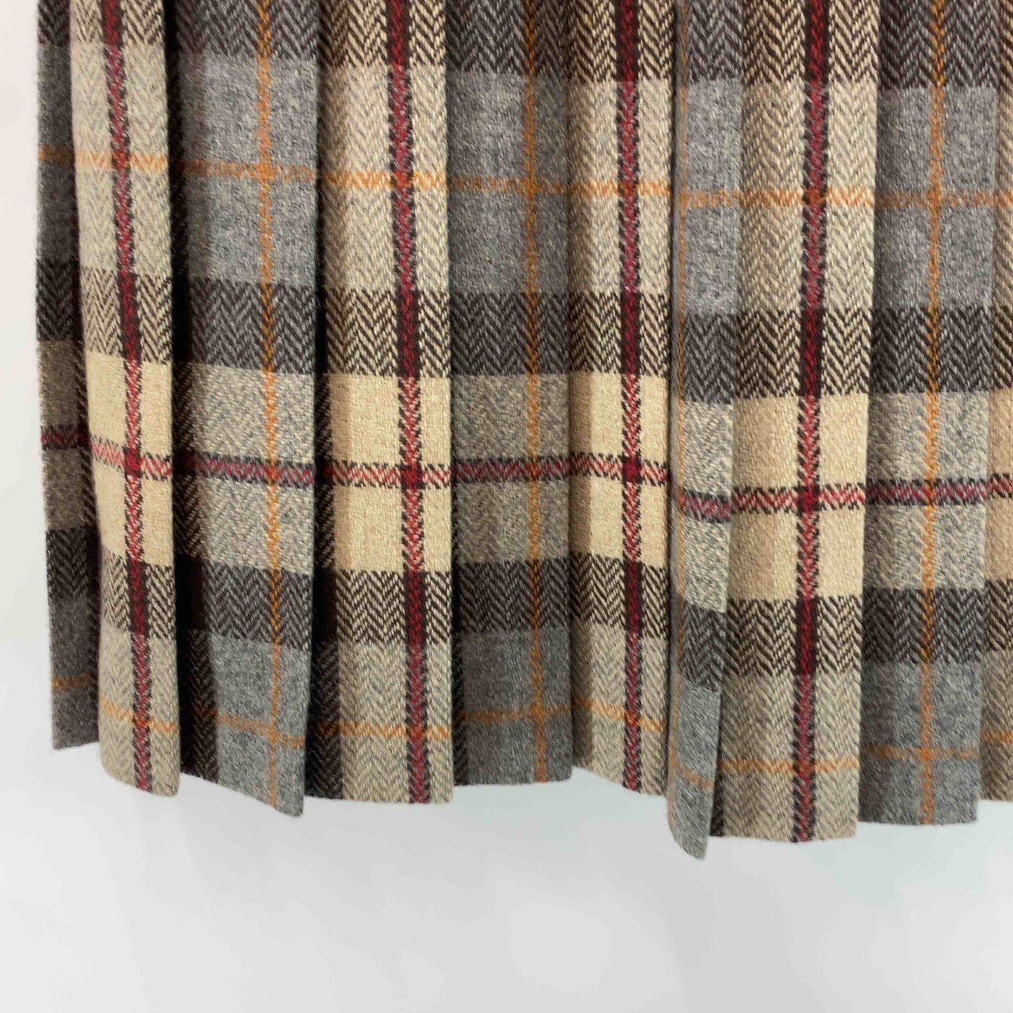 レディース ひざ丈スカート　プリーツ　チェック　ヘリンボーン　ブラウン