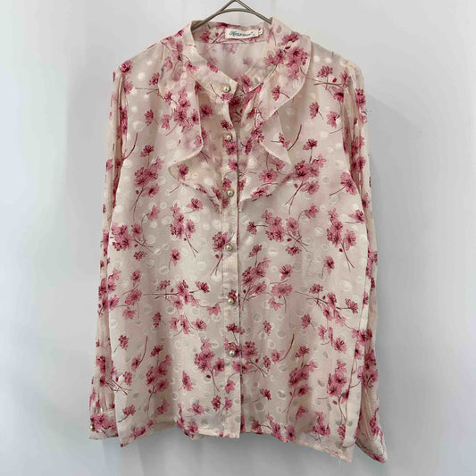 Hanxiner ハンシナー レディース 長袖ブラウス  フラワープリント オフ バンドカラー