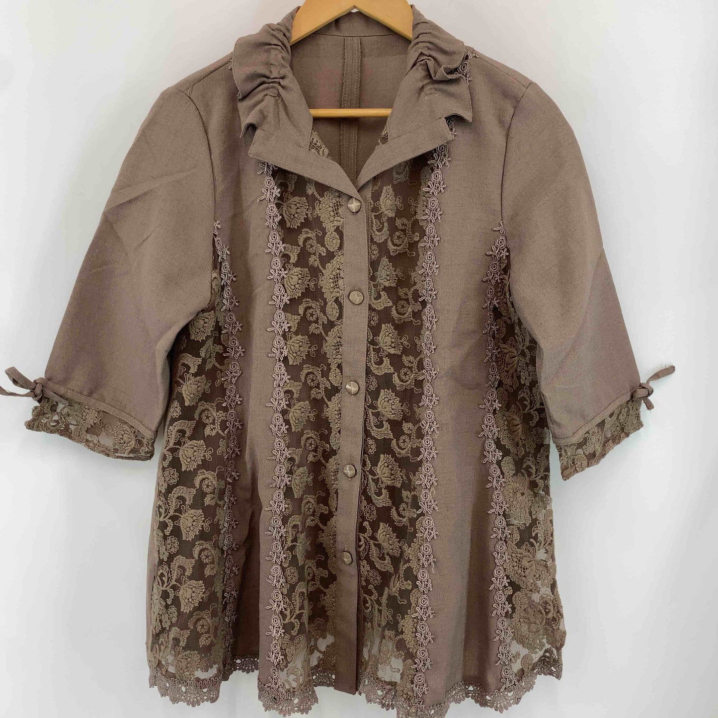 Sun Wind ブラウン レース 刺繍 チュニック型 レディース 半袖シャツ ブラウス