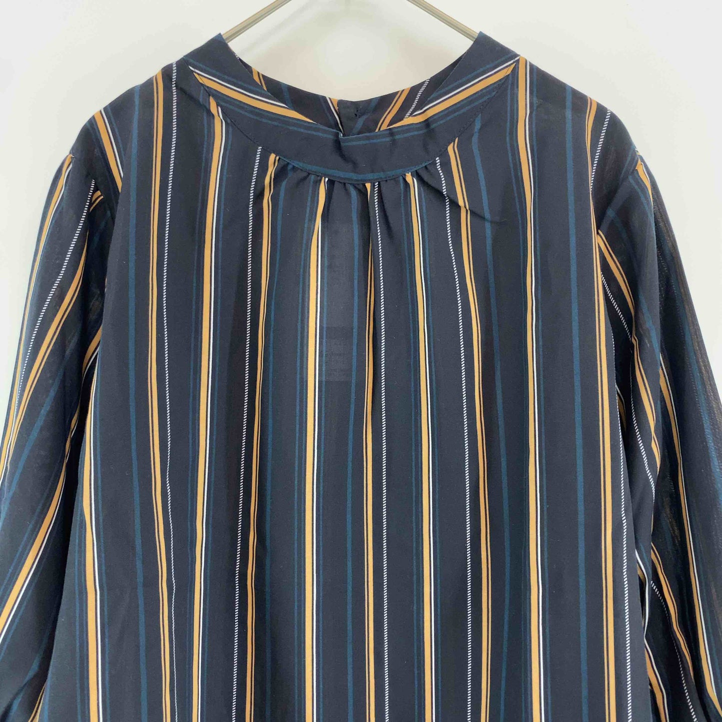 レディース 長袖シャツ/ブラウス ストライプ柄 紺 スタンドカラー