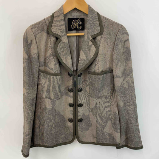 伊太利屋  レディース テーラードジャケット 総柄 グレーベージュ系