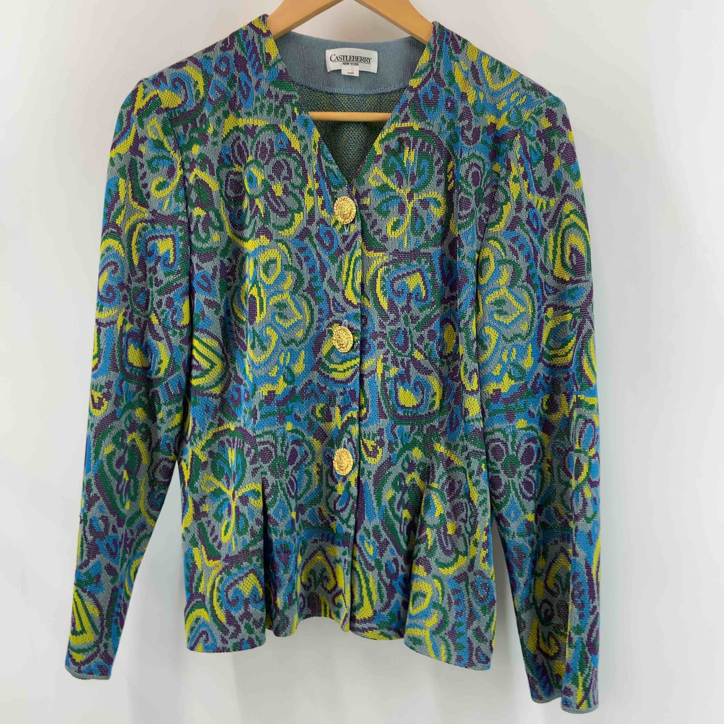 CASTLEBERRY キャッスルベリー レディース カーディガン Vネック　総柄　装飾　麻混　カラフル