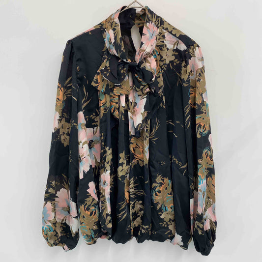 レディース 長袖シャツ　ブラウス　花柄　リボン　黒