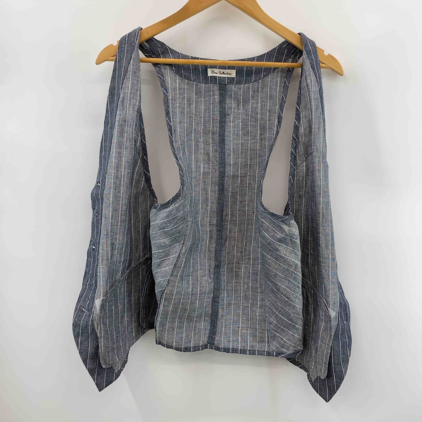 Arsa　collection 麻　リネン　100％　手洗い可能　ベスト　裏地無し　デニムブルー　ストライプ　  レディース ベスト/ジレ