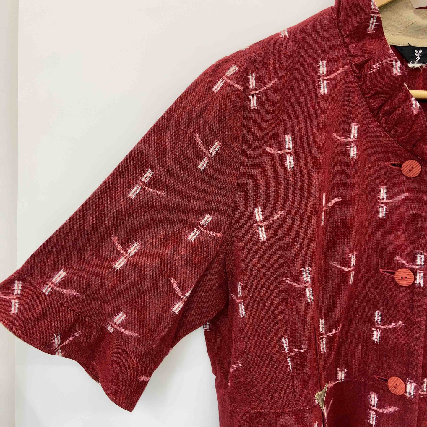 レディース 五分袖ワンピース ロングワンピース 絣(かすり)模様 赤