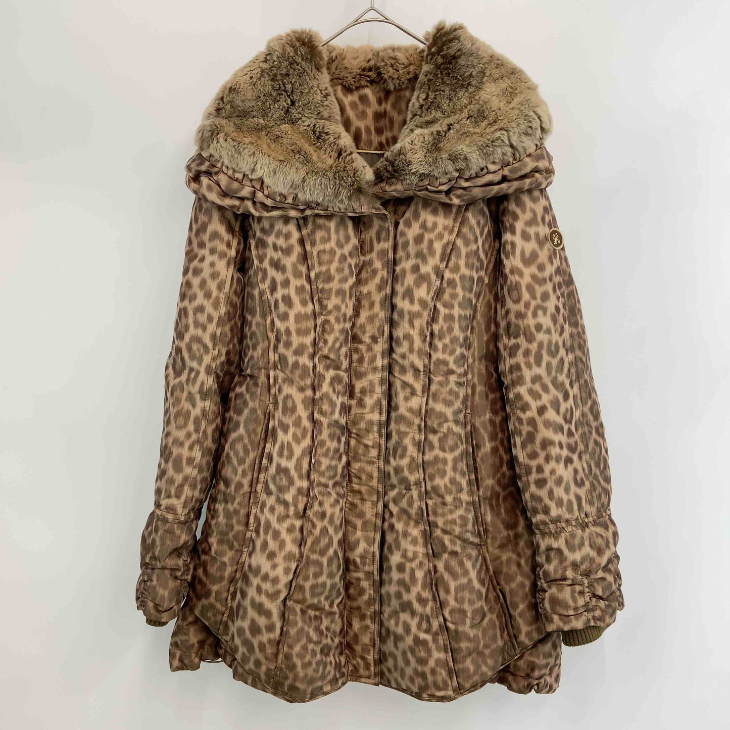 伊太利屋 イタリヤ レディース ダウンジャケット レオパード柄 ショールカラー ファー ベージュ