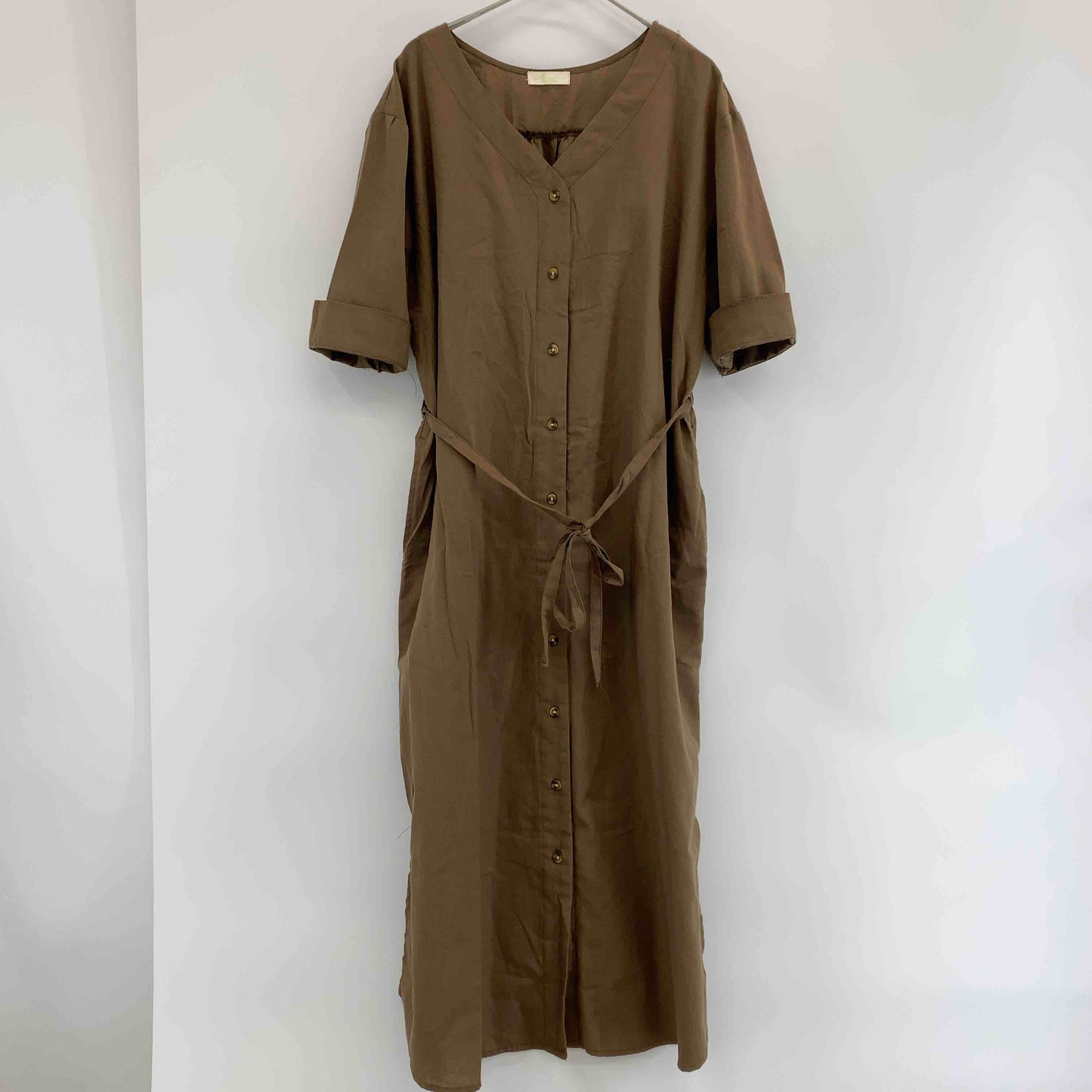 earth music&ecology アースミュージックアンドエコロジー レディース 半袖　ロングワンピース　麻混　ブラウン