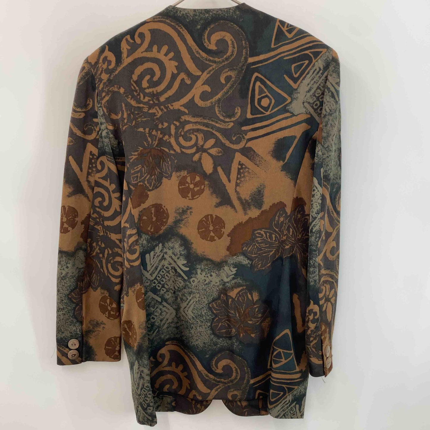 伊太利屋  レディース テーラードジャケット 総柄 ブラウングリーン系