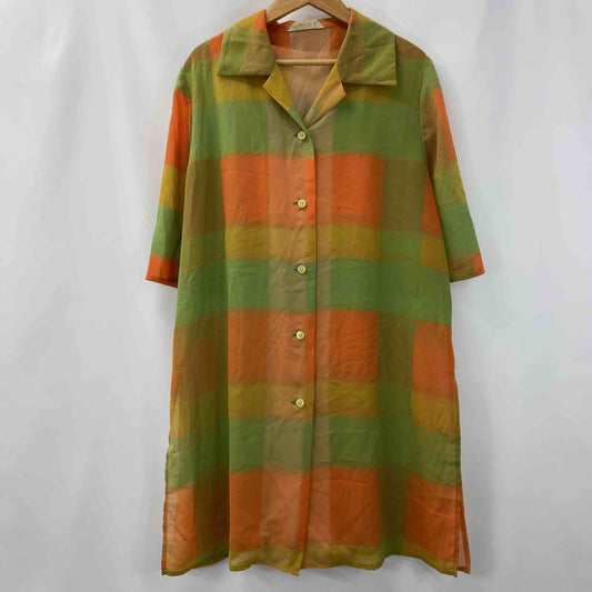 伊太利屋 イタリヤ レディース 半袖シャツ/ブラウス 橙黄緑 チェック柄 tk