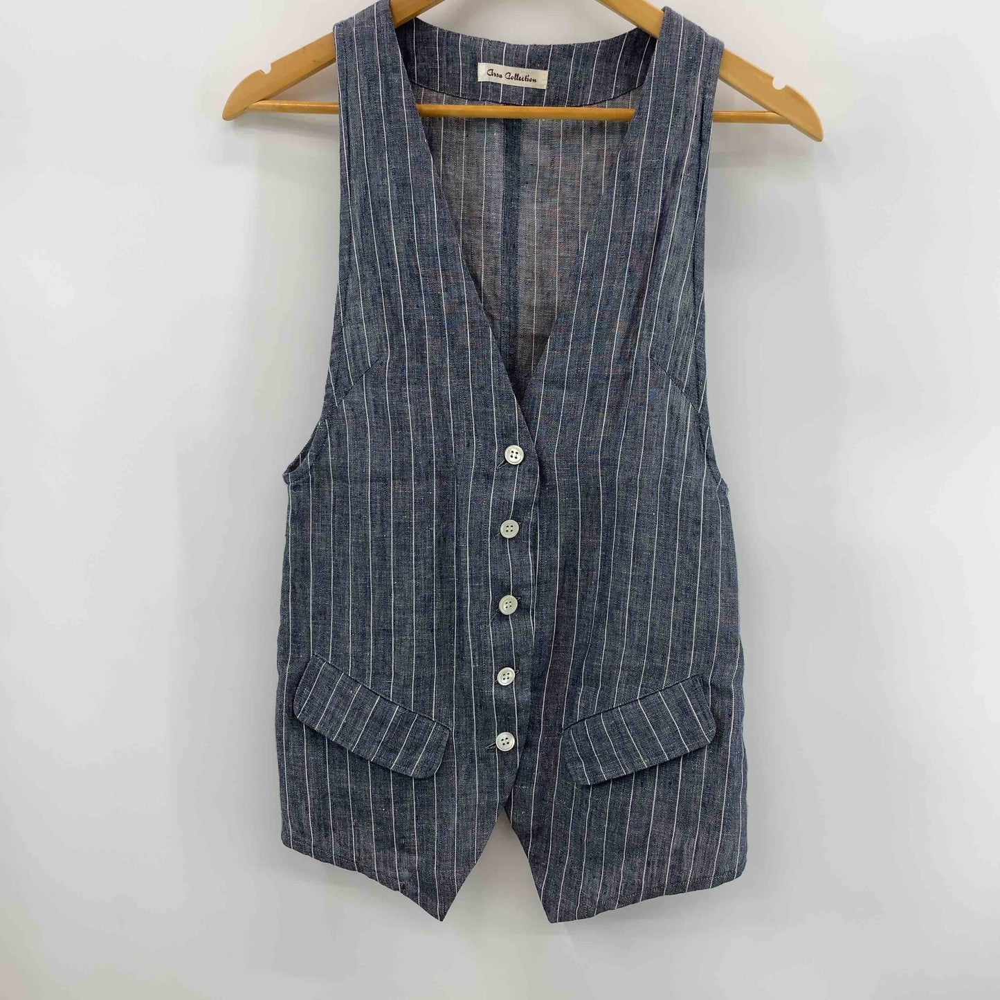 Arsa　collection 麻　リネン　100％　手洗い可能　ベスト　裏地無し　デニムブルー　ストライプ　  レディース ベスト/ジレ