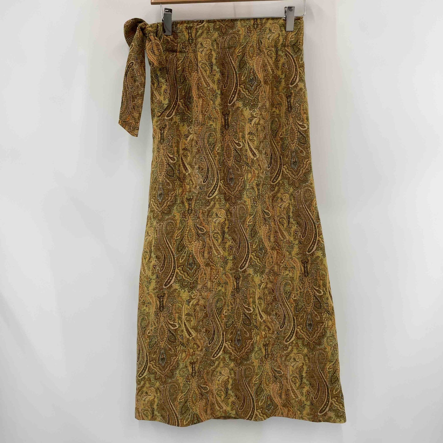 レディース ロングスカート ペイズリー柄 キャメル系 ウエストリボン