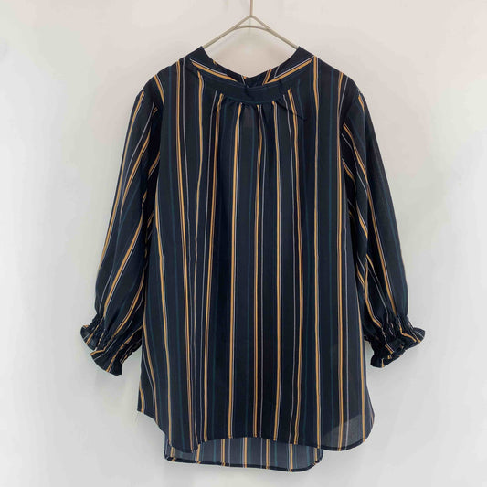 レディース 長袖シャツ/ブラウス ストライプ柄 紺 スタンドカラー