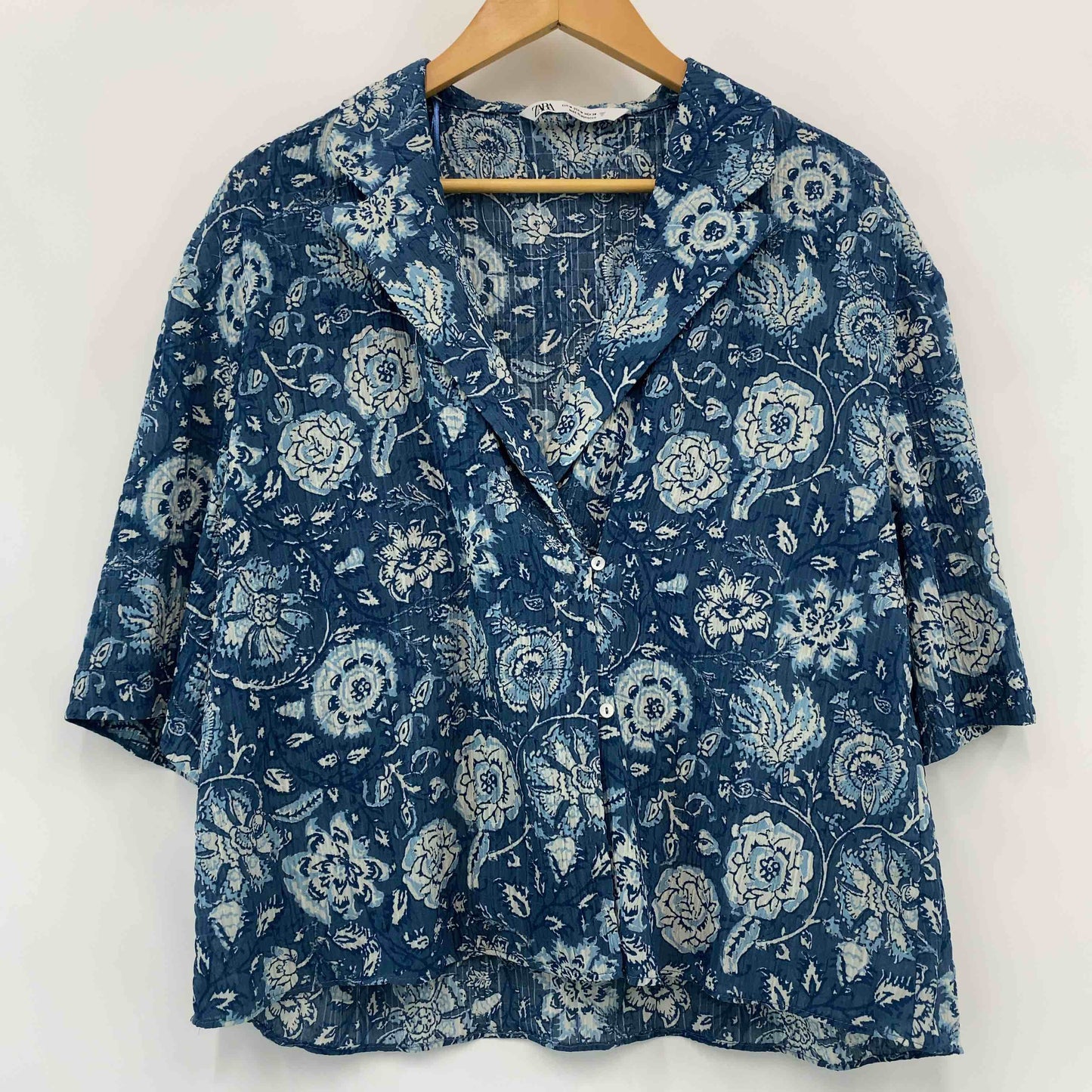 ZARA ザラ レディース 半袖シャツ/ブラウス 開襟シャツ 花柄 ブルー