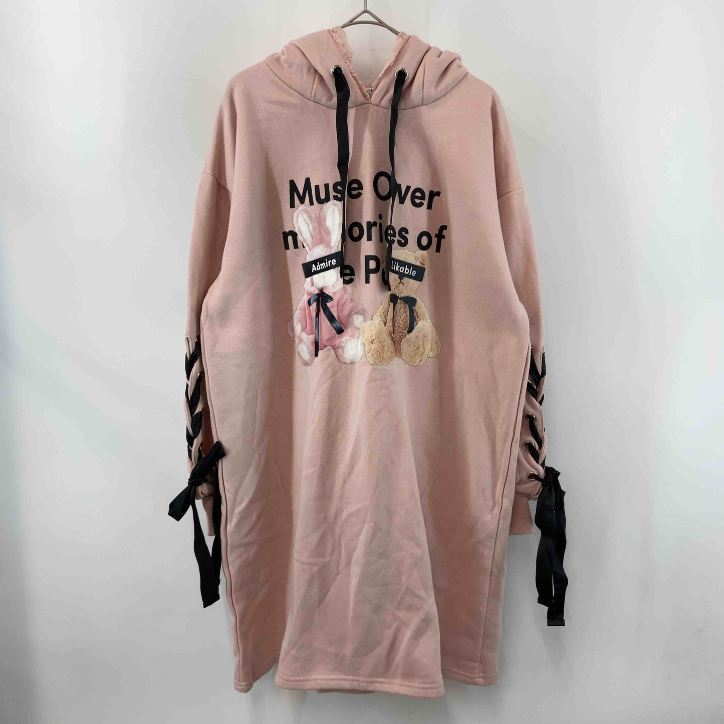 CHIP CLIP  レディース 長袖ワンピース テディベア・ラビットプリント うさ耳付きフード レース リボン パーカー ピンク 裏起毛