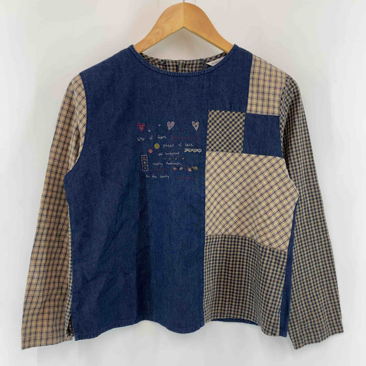花もめん レディース 長袖シャツ/ブラウス パッチワーク デニム チェック 刺繍