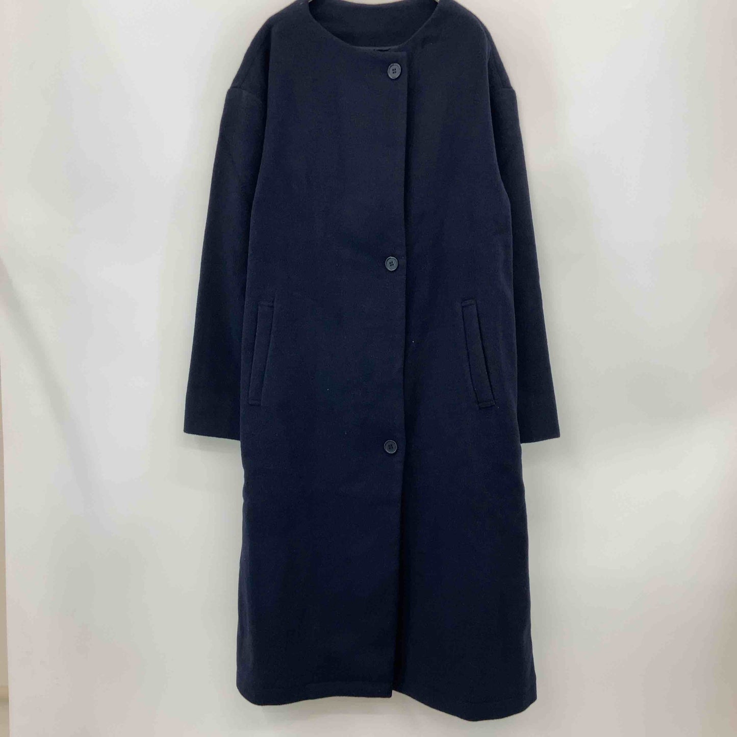 レディース ノーカラージャケット ロングコート ネイビー