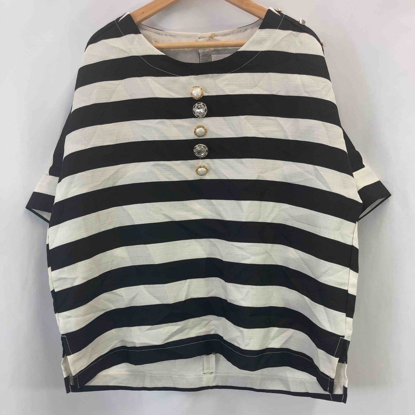 grove グローブ レディース 半袖シャツ/ブラウス 白黒 ボーダー柄 tk