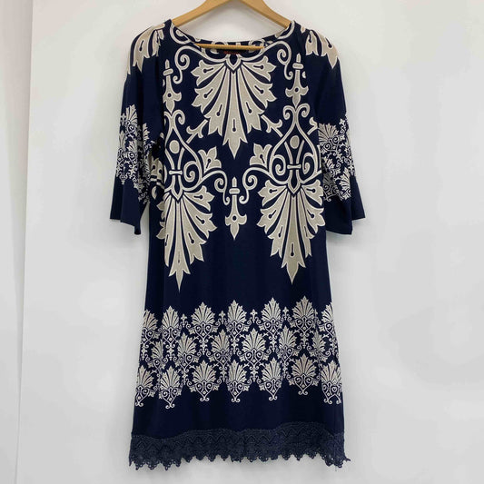 Milpano 紺　ネイビー　百合の紋章　裾レース　ミセス　婦人　上品　 レディース　ワンピース　5分袖