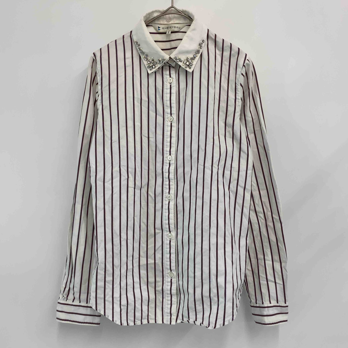 組曲　 クミキョク　ストライブ　白　ホワイト　襟付き　ビジュー　サイズ1　 レディース 長袖シャツ/ブラウス