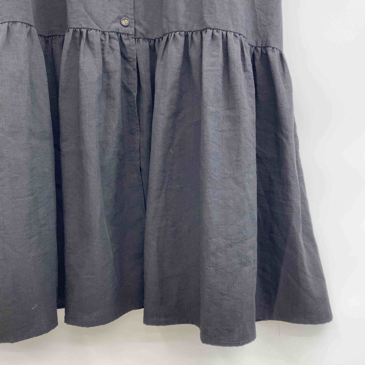 レディース ノースリーブワンピース ブラック 前開きワンピース ウエストリボン 麻調