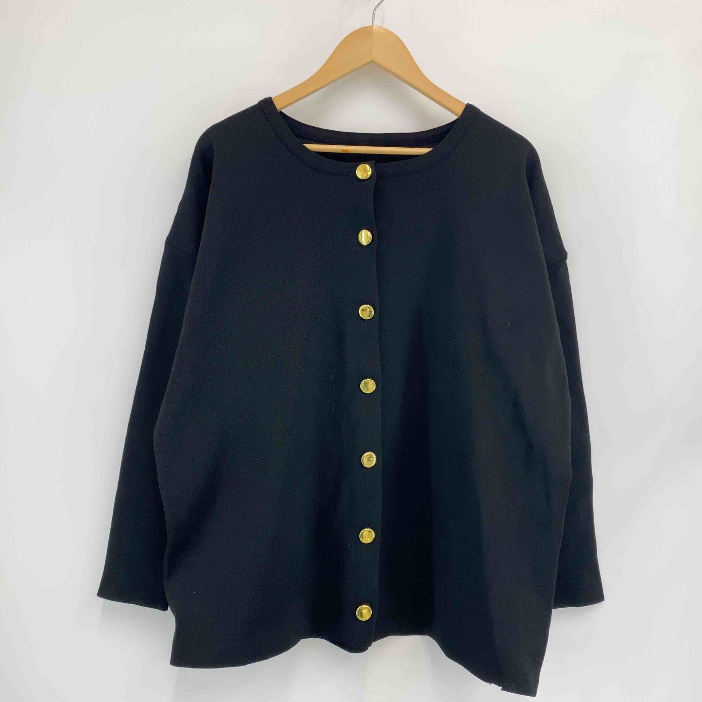 レディース カーディガン 黒 金ボタン クルーネック