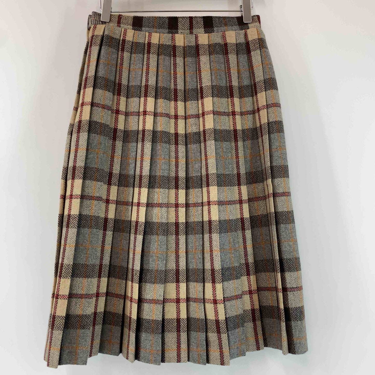 レディース ひざ丈スカート　プリーツ　チェック　ヘリンボーン　ブラウン